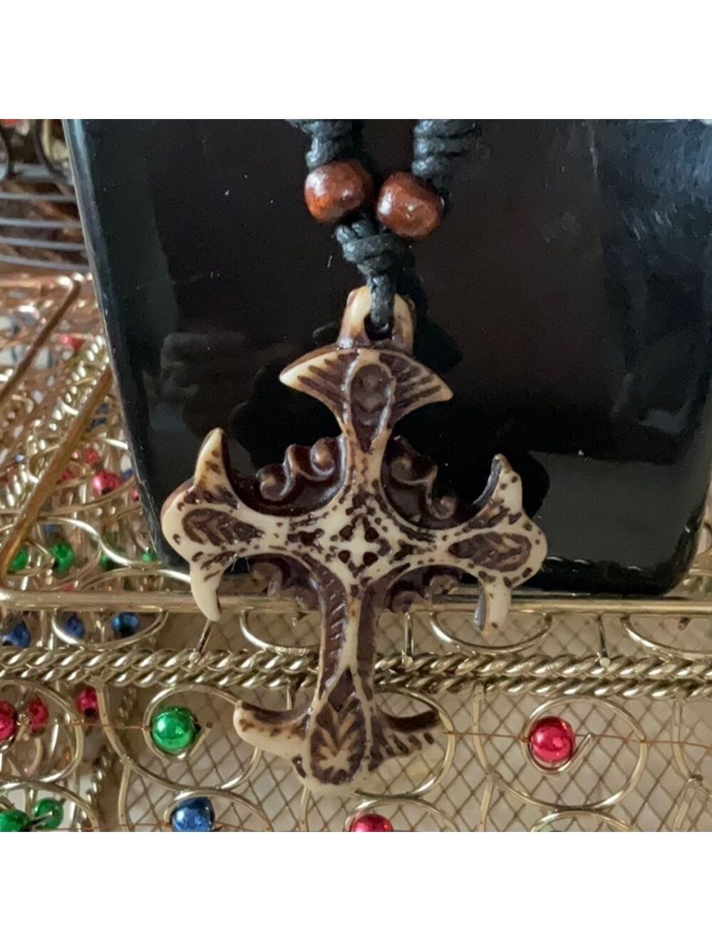 Unisex Double Strand Brown Leather Chain Cross